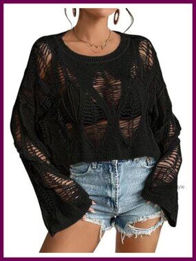 Womens Gothic Oversized Sweater Punk Long Bell Sleeve Knit Crop Top Pullover